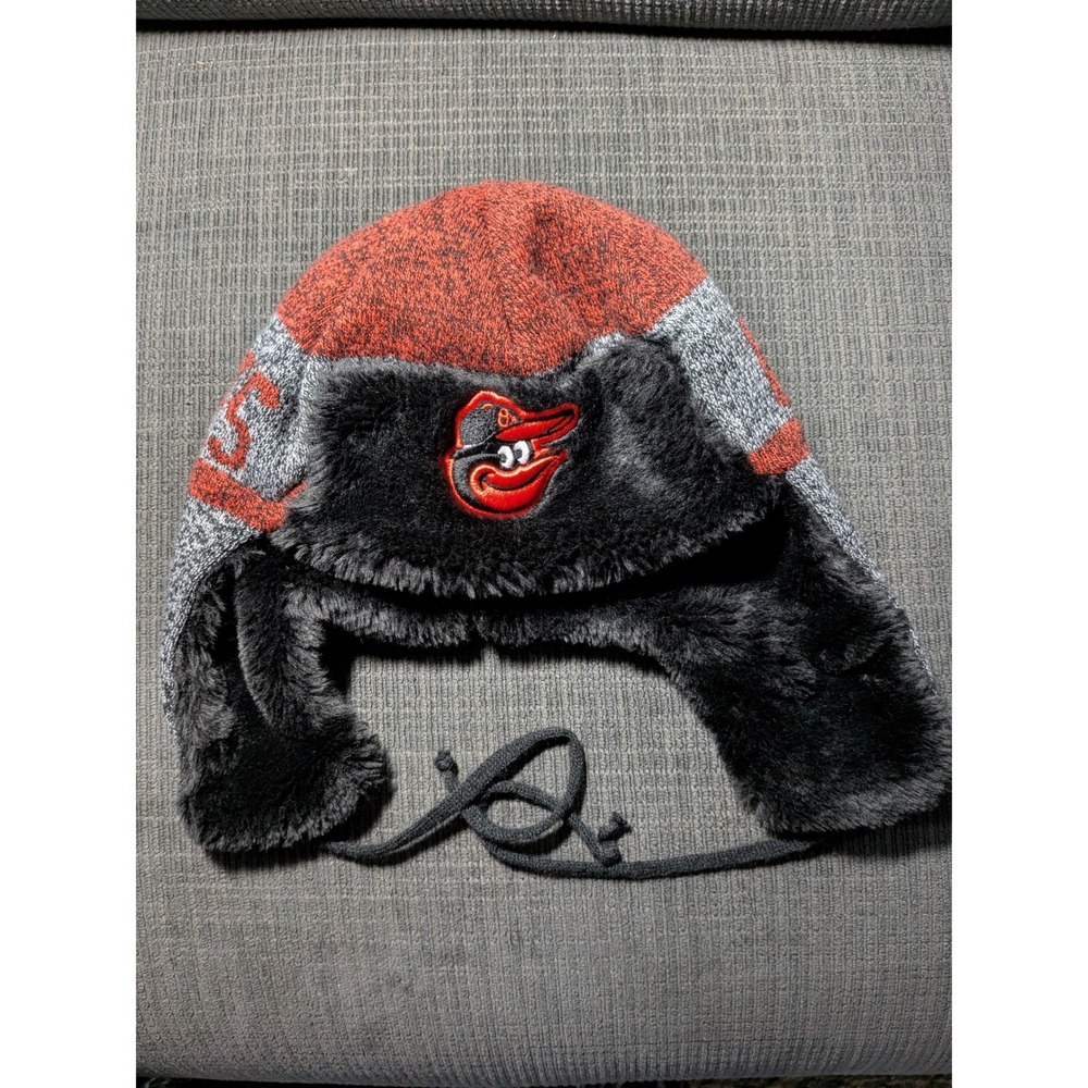 Baltimore Orioles New Era Knit Trapper Hat Orange Grey Faux Fur Lined Beanie